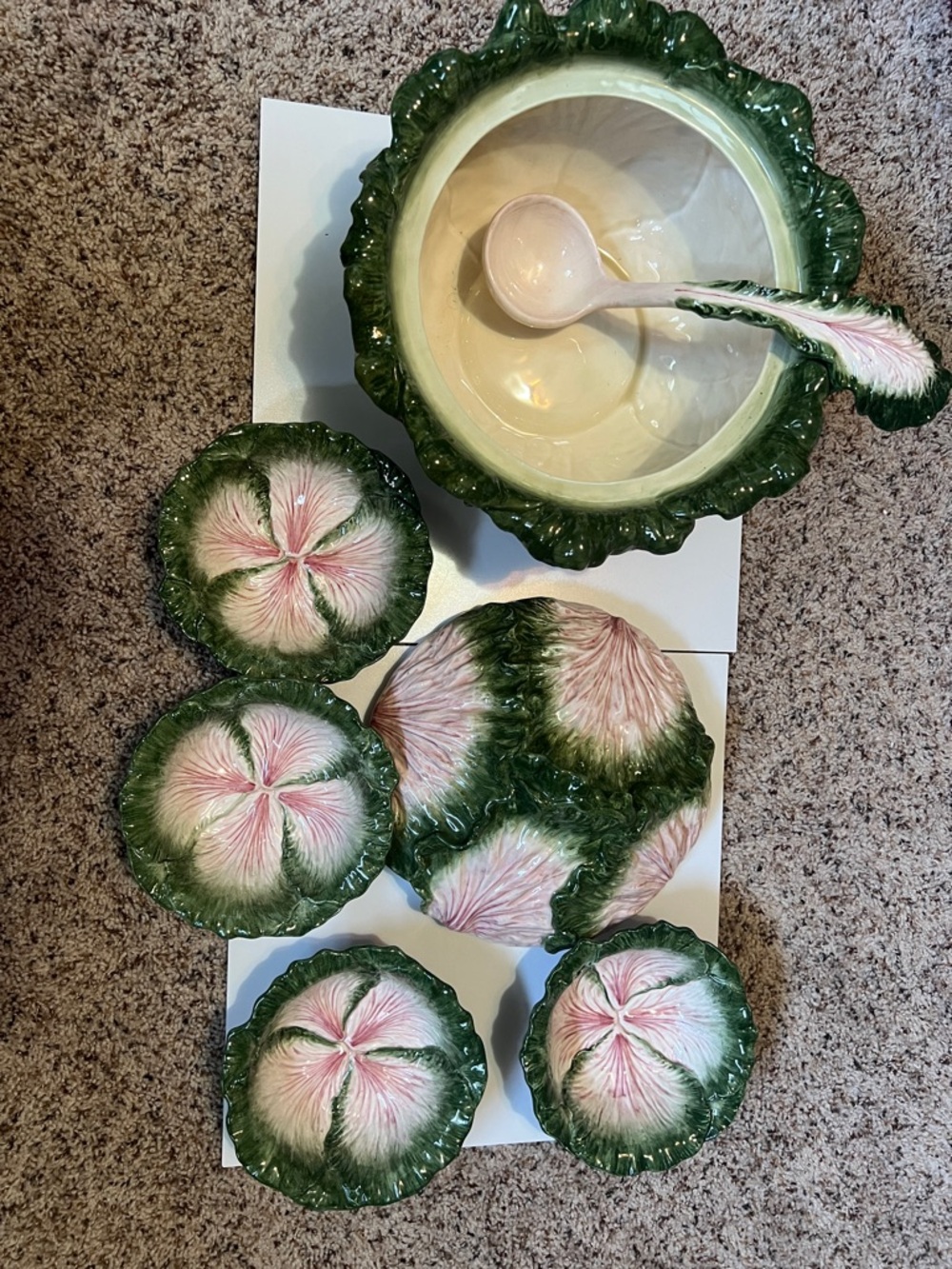 Fitz & Floyd 6 pc. Set green & pink majolica cabbage leaf serving set